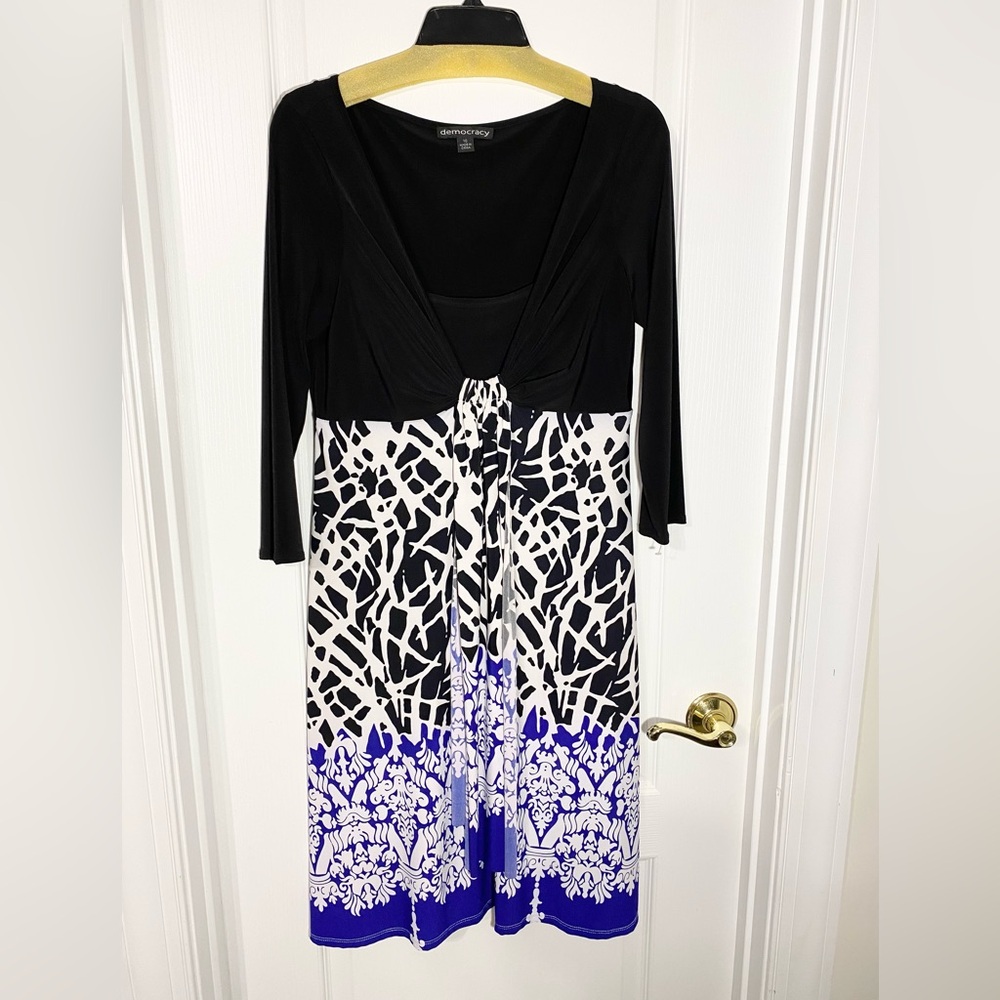 NEW Y2K Democracy Ombré Pattern Faux Tie Front Stretch Dress Black Blue Size 10